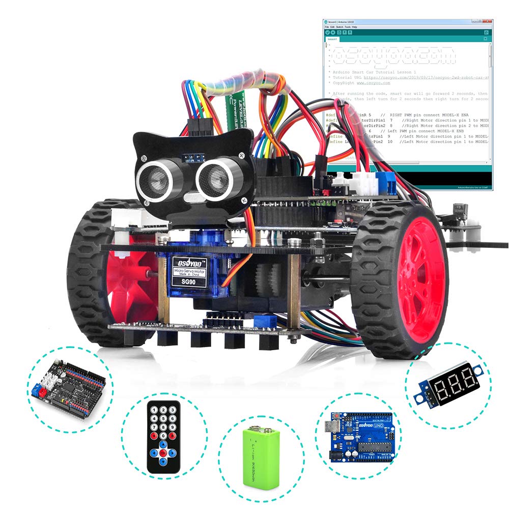 OSOYOO Arduino Модель 3 V2.0 DIY Набор Робототехнического Автомобиля Плата UNO R3 Моторный Щит Датчик Отслеживания Линии Ультразвуковой Датчик Bluetooth ИК-Пульт Дистанционного Управления – Зарядное Устройство для Батарей