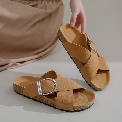 Модные ретро сандалии на плоской подошве с перекрестными ремешками для женщин, декорированные пряжками, шлепанцы на толстой подошве и платформе, женские, лето 2025, удобные, нескользящие, пляжная обувь