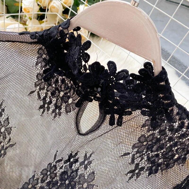 Office Sexy Puff Sleeve Mesh Lace Jumpsuit Women Fashion Double Breasted Elegant Jumpsuit Lady Korean Short Wide Leg Pants Casual Clothing 2024