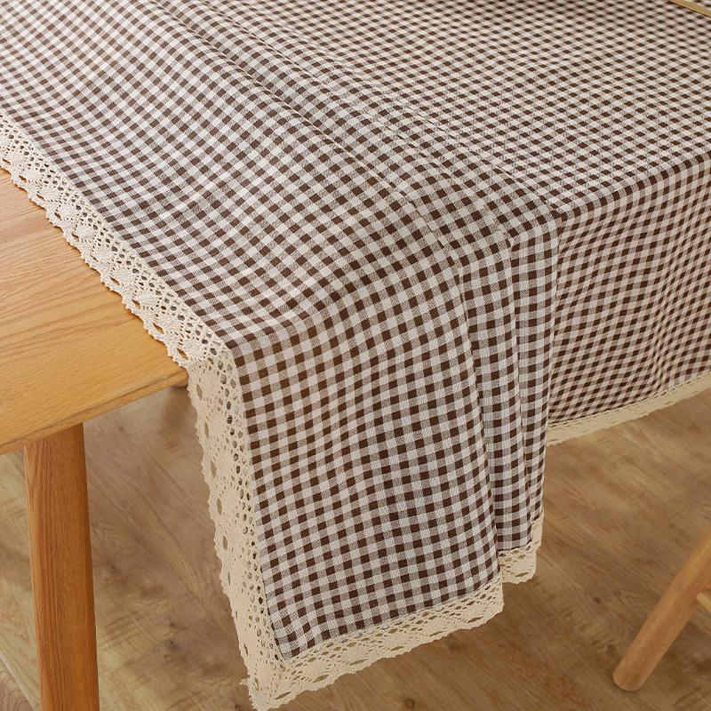 Nordic Minimalist Style Coffee Grid Tablecloth With Off-White Trim Rectangular Dining Table Cover