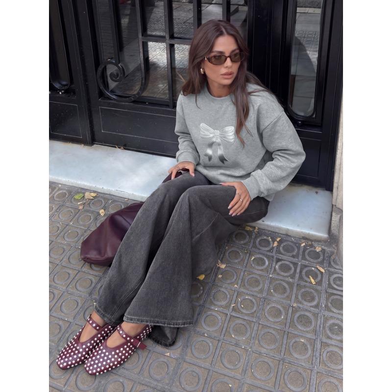 Women S Loose Long Sleeve Round Neck Bow Sweatshirt Casual Top