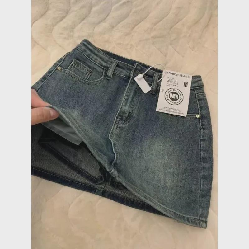 «Женская джинсовая юбка в стиле ретро с потертостями и высокой талией, для маленьких и больших размеров, свободный крой, защита от воздействия окружающей среды, новый летний стиль»