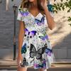 Summer Fashion Women's V Neck Short Sleeve Butterfly Printed Dress Sex Short Skirt Dresses