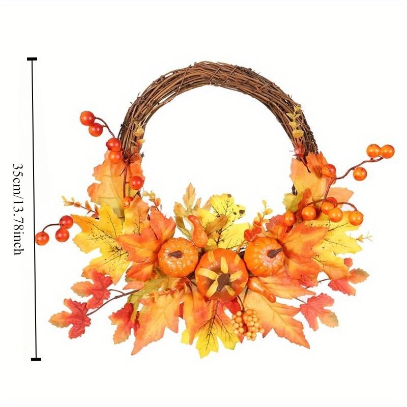 14-дюймовый искусственный осенний венок из ротанга, урожай, День благодарения, Хэллоуин, домашний декор для входной двери с тыквой, кленовым листом, ягодой