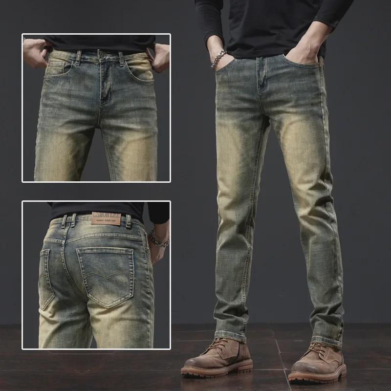 Мужские узкие джинсы прямого кроя в стиле ретро желтого цвета с потертостями на осень/зиму