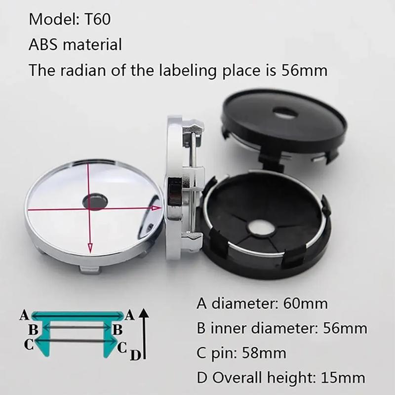 4PCS T60 Universal Car Modification Wheel Hub Caps, Chrome Plated Wheel Center Caps, Outer Diameter 60MM, Center Wheel Caps