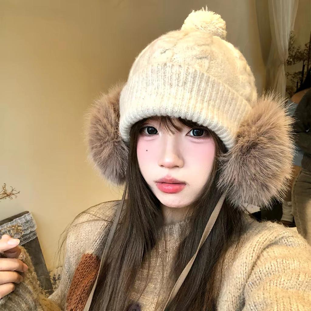 Women S Korean Style Large Head Warm Knit Hat Ear Protection Sweet Winter Hat
