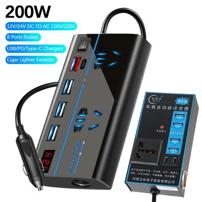 Универсальное зарядное устройство 200 Вт с USB/PD/Type-C, 8 портами и розетками, выключателем ВКЛ/ВЫКЛ, преобразователь DC 12 В/24 В в AC 110 В/220 В, автомобильный инвертор QC 3.0