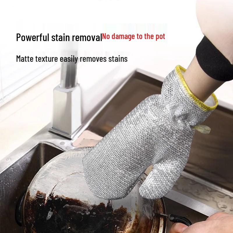 Waterproof Fleece-lined Multifunctional Cleaning Gloves with Silver Wire Dishcloth & Wear-resistant Scouring Pad