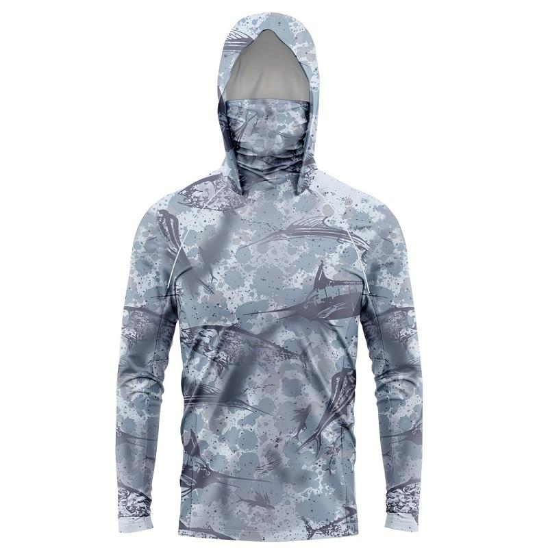 Mens Long Sleeve UV Protection Fishing Shirt With Hood Face Cover Quick Dry Breathable Outdoor Wear
