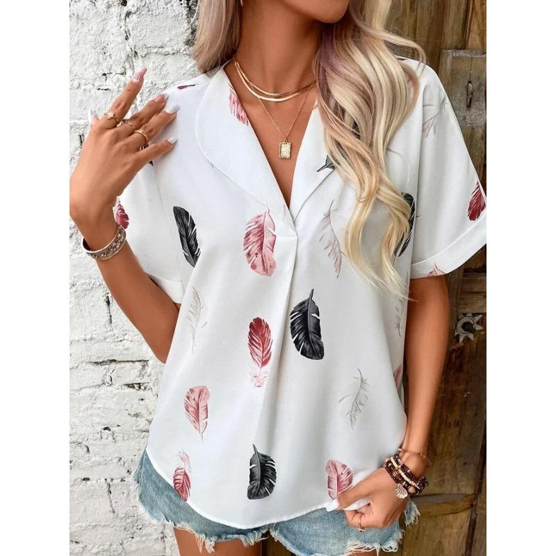 Women's Fashion Casual Summer Spring Feather Print Short Sleeve POLO Neck Blouses & Shirts