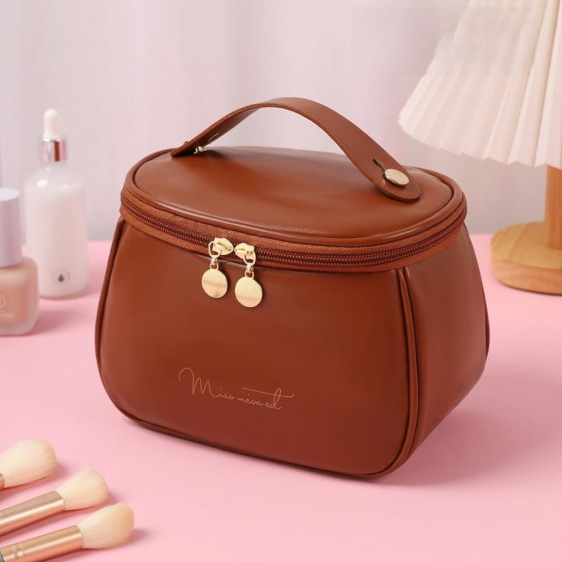 Stylish PU Leather Toiletry Organizer Bag, Large Capacity Makeup Pouch with Built-in Brush Slots