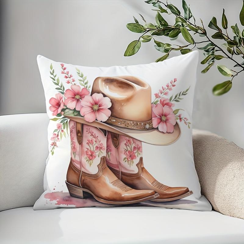 1 Piece A Pair Of Boots With Hat Theme, Square Pillowcase, Printed Material Suitable For Home Office, Sofa, Single Side Printing