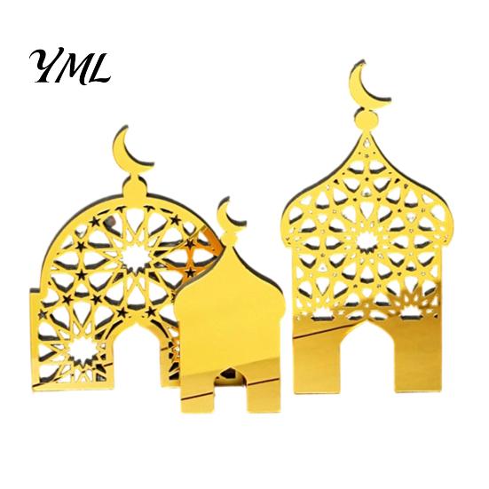 Golden Mosque Centerpieces 3PCS Ramadan Castle Ornament, Hollow Design, Thick Wood And Compact Party Decorations Acrylic Desktop Accents, Religious