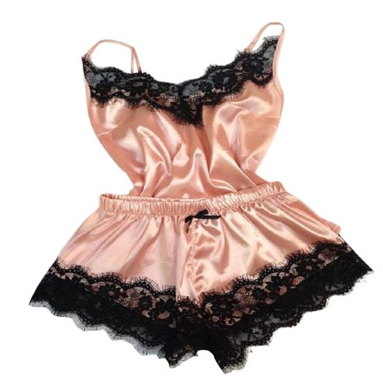 Spaghetti Strap Lace Stitching Vest Shorts Set Imitation Satin V-Neck Sleeveless Pajama Set for Wedding Night