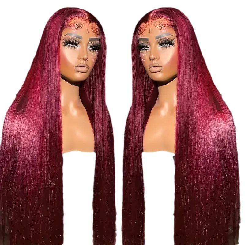 Wine Red Lace Front Wig With Trim Long Straight Synthetic Hairpiece Women Heat Resistant Fiber Natural Look