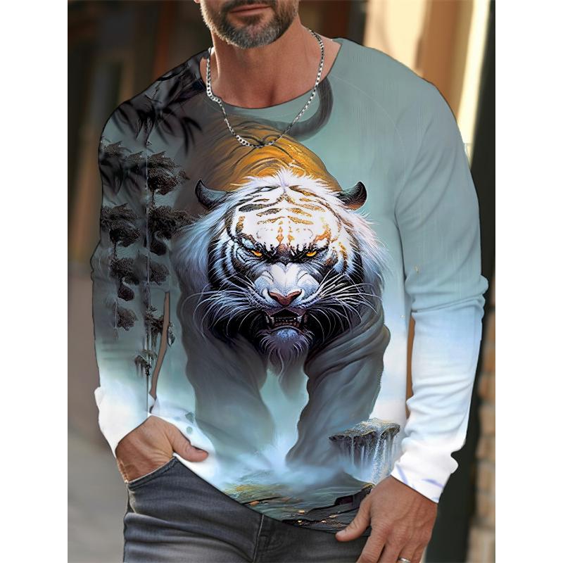 2024 New Tiger Print Pullover Autumn Winter Men's Casual Long Sleeve Round Neck Sweatshirt Streetwear Harajuku Men's Wear