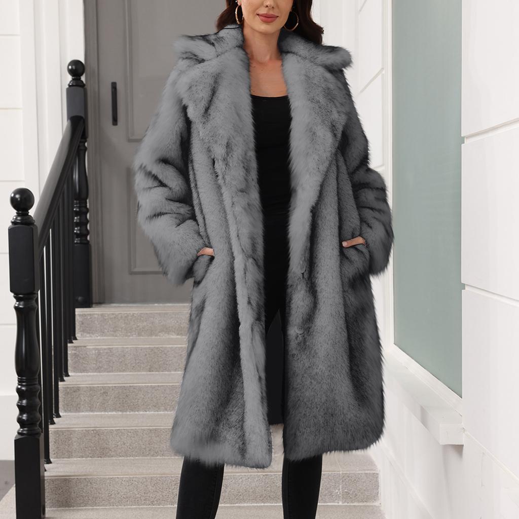 Women's Fashionable Warm Long Sleeve Solid Color Furry Long Coat With Turned Collar