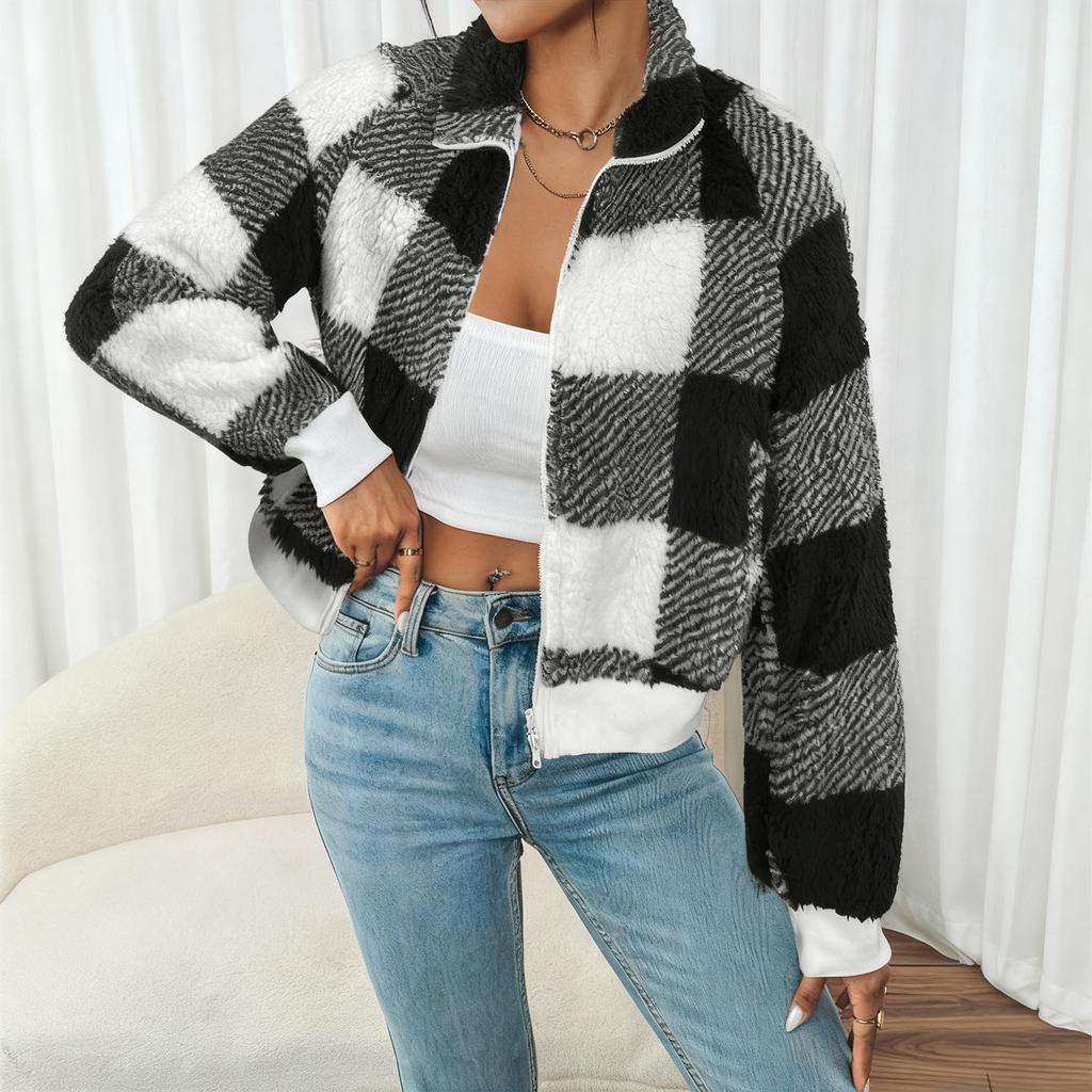 Женская модная клетчатая плюшевая теплая и свободная повседневная куртка с длинными рукавами на молнии