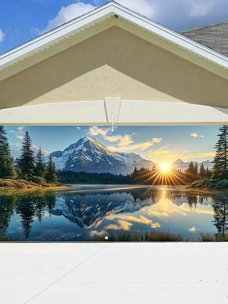 One 2D flat-printed autumn mountain lake scenery garage door banner, classic outdoor decoration, large fabric cover