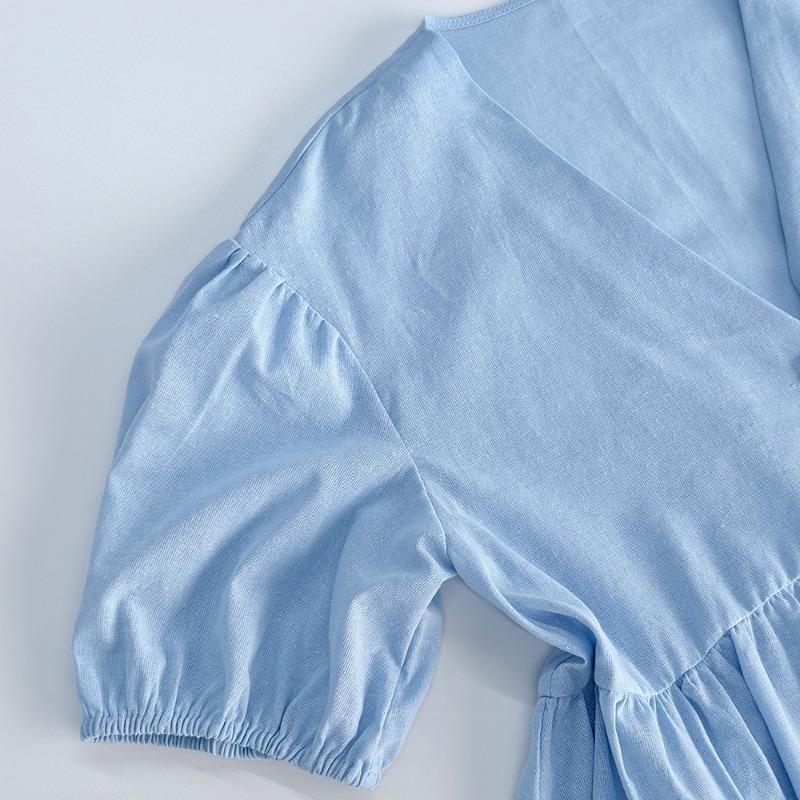 Комплект из хлопка, однотонный, с V-образным вырезом, короткими рукавами, топом и широкими брюками, повседневный женский комплект из 2 предметов, простой повседневный комплект из длинных брюк, весна-лето 2025 г.