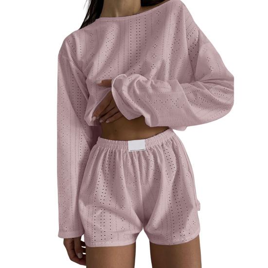 2 Pcs/Set Women Top Shorts Suit High Waist Shorts Hollow Out Loose Cropped Blouse Long Sleeves Solid Color Outfit for Sport Jogging Sleeping
