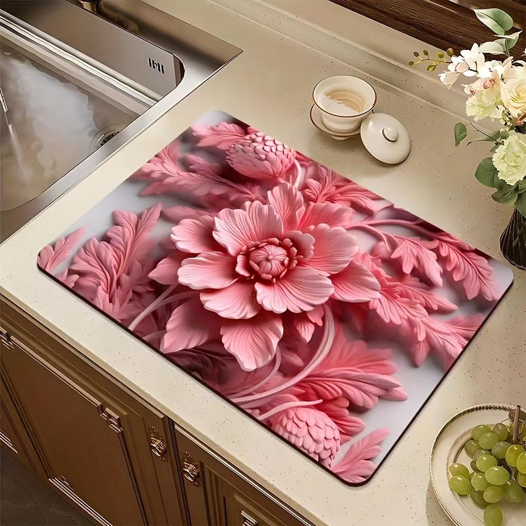3D Узор из Свежих Цветов Впитывающий Коврик для Сушки Посуды Кухонный Коврик Против Скольжения для Бутылок Роскошный Инструмент для Столешницы под Чайник и Столовую Посуду