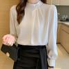 Elegant Solid Office Ladies Satin Casual Shirt Women Long Sleeve Tops Stand Collar Beading White Blouses Women Korean Style Slim Simple Blouse 26070
