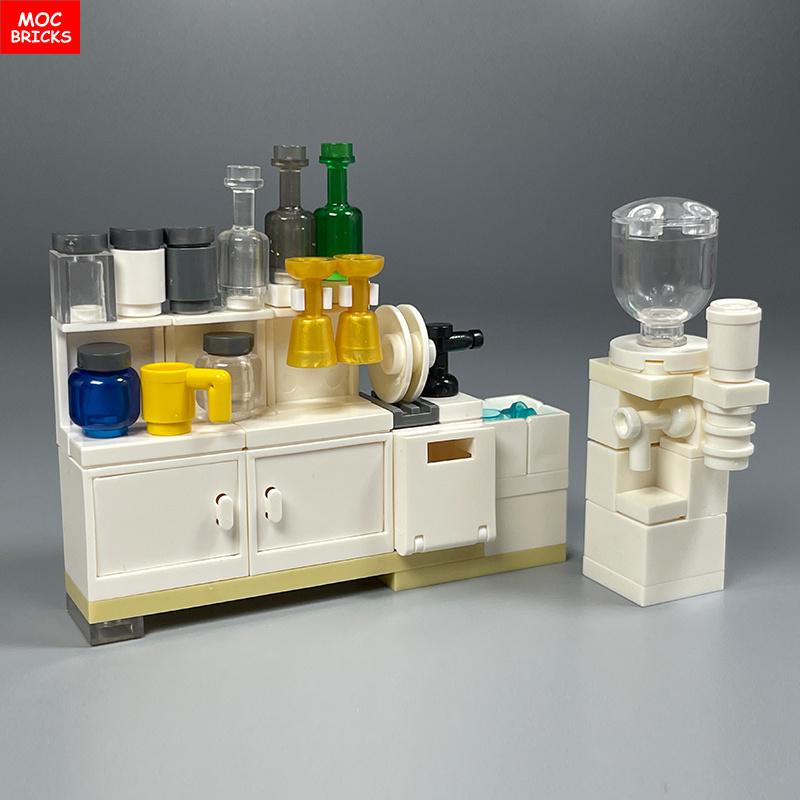 Конструктор MOC Кухонный шкаф Посуда Инструмент Кофеварка Машина Диспенсер для воды Рабочая поверхность Обучающий строительный блок Детская игрушка