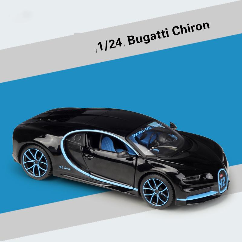 1:24-масштабная модель автомобиля Bugatti Chiron, игрушки для мальчиков, игрушки в возрасте от 3 до 12 лет, транспортные средства с откатным механизмом, музыкальными дверями и открывающимся капотом