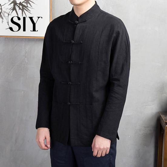 Long Sleeve Pockets Shirt Men Autumn Chinese Style Top Mandarin Collar Disc Solid Color Stand-up Button Traditional Kung Fu Tai Chi Tang Tops Uniform