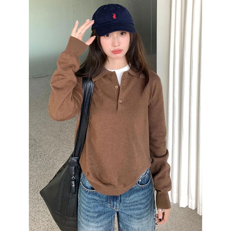 College Style Gray Polo Neck Sweater Women's Spring and Autumn New Loose and Thin Versatile Long-sleeved Knitted Sweater Top