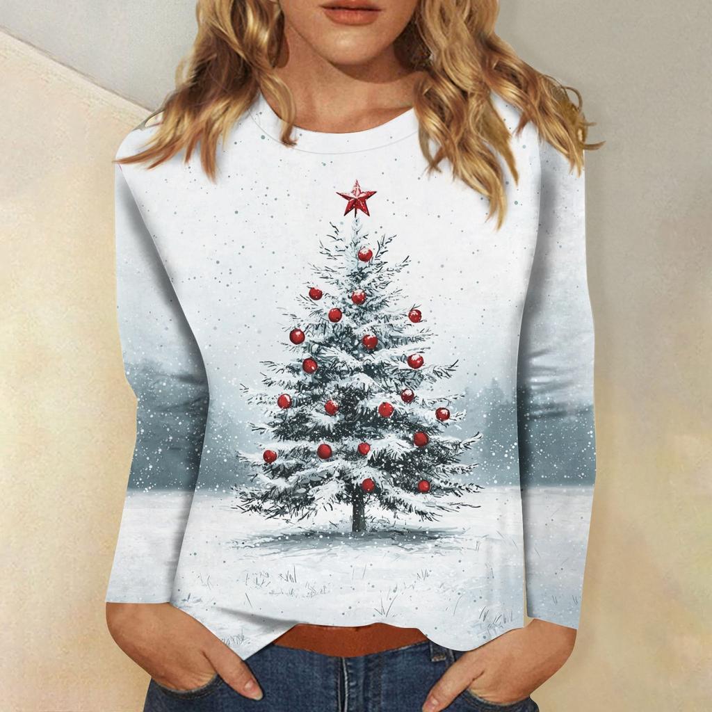Long Sleeve Shirts For Women Cute Print Graphic Tees Blouses Casual Plus Size Basic Tops Pullover Christmas