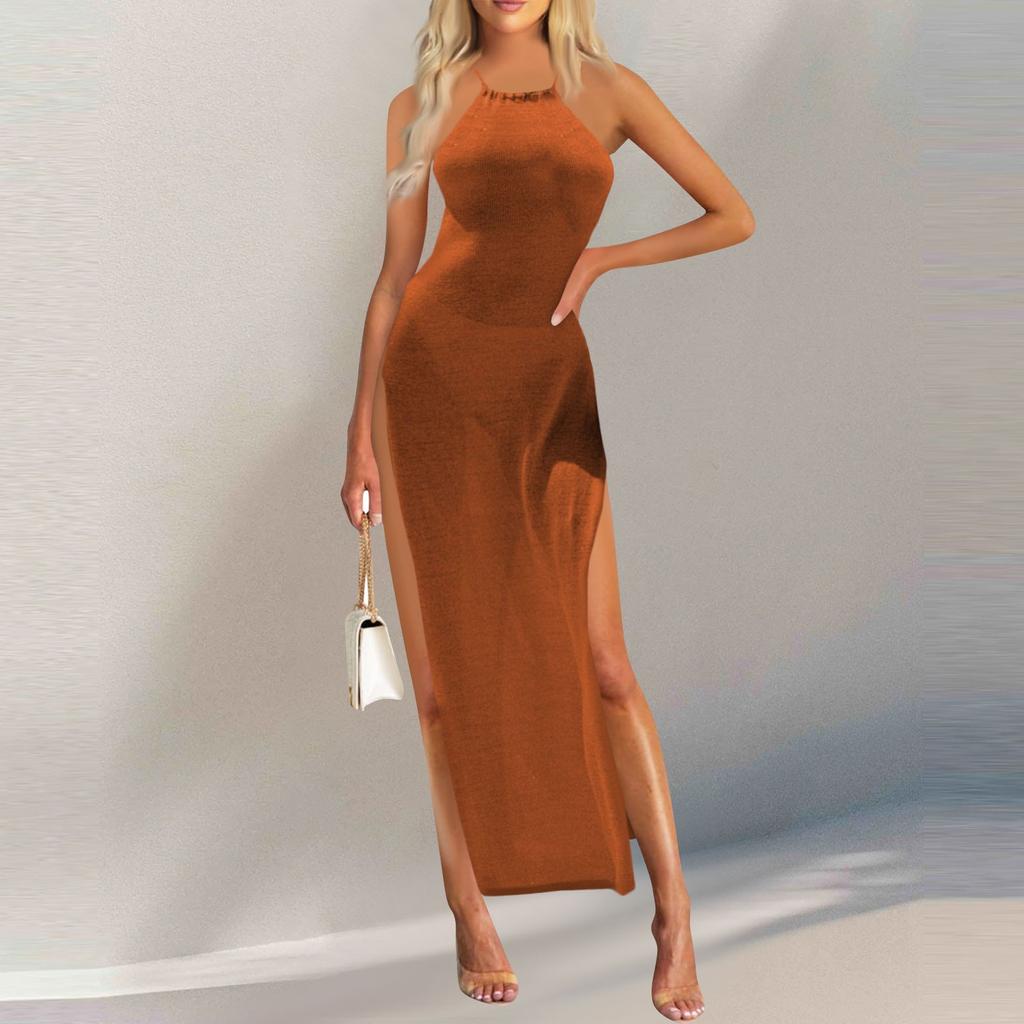 Женское платье с высоким разрезом и подтяжками, вязаное платье с воротником, летнее платье, сарафан без рукавов, платья-майки, пляжное платье
