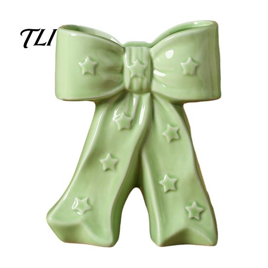 Delicate Desktop Decoration Ceramic Bow Vase with Star, Decorative Flowers Vase, Creative Flower Dried Holder Arrangement for Living Room Table