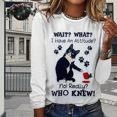 Топы для женщин с принтом «Кошка пьет кофе» и круглым вырезом, футболка с длинными рукавами, осенний повседневный тонкий пуловер, женский топ с длинными рукавами