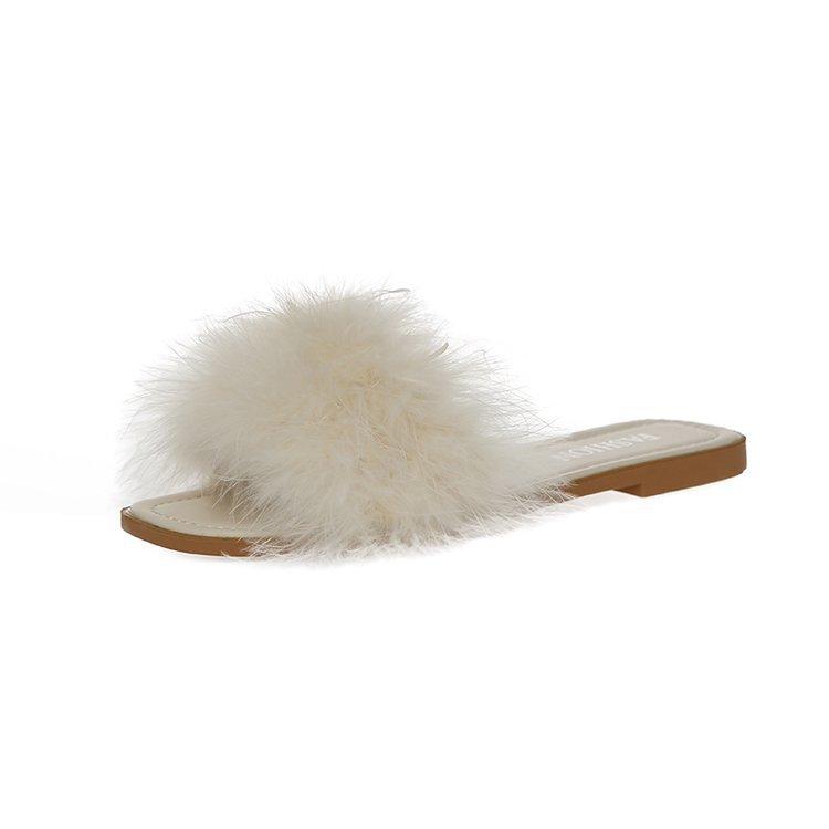 Мюли Тапочки Женские Квадратный Носок Пушистые Плоская Подошва Офисные Женские Шлепанцы Балетки Зеленый Белый Розовый Zapatillas Mujer