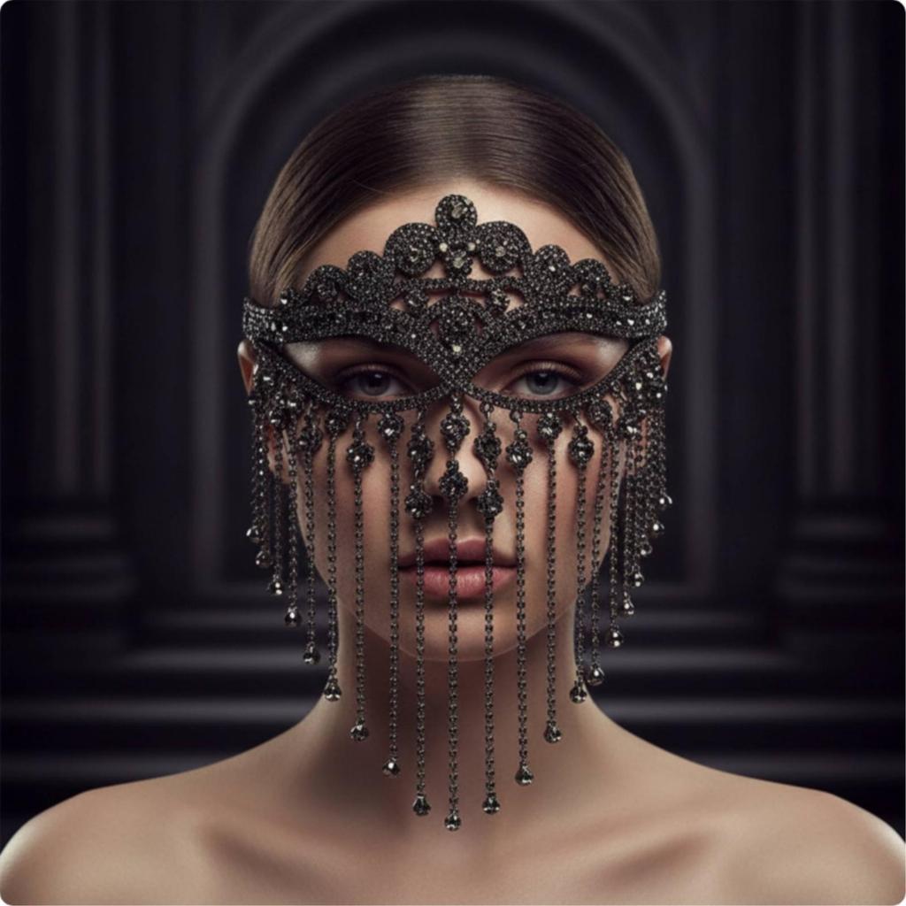 Ornate Geometric Masquerade Mask with Rhinestones Sparkling Rhinestone Fringe