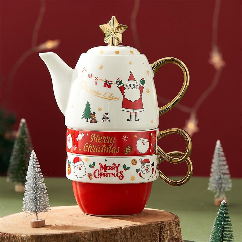 Christmas Ceramic Teapot Teacups Set with Gift Box Santa Claus/Elk Cartoon Teaware Coffee Cup Home Party Decor Christmas Gifts