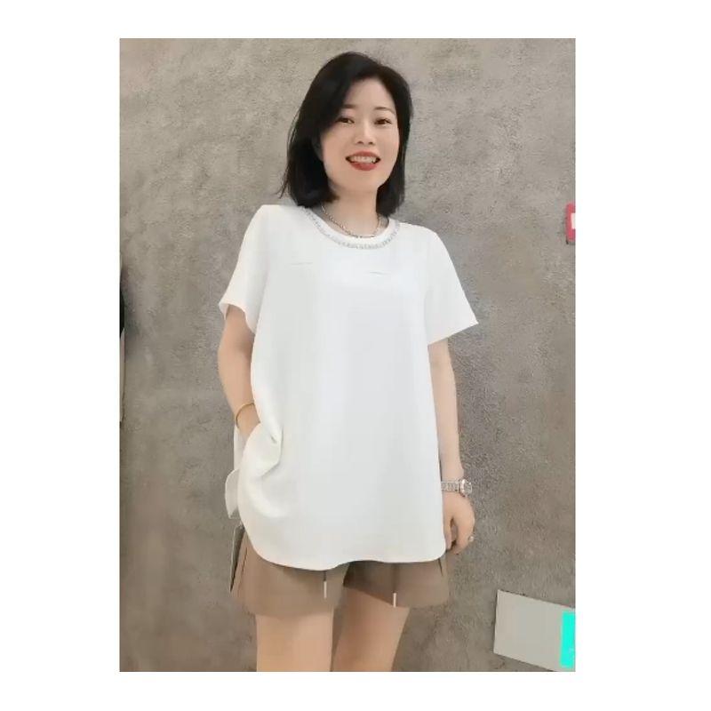 Beaded! Export Single for Women Summer Ice Cotton Round Neck Short Sleeve and Long Pattern Sanzhai Ruched Patchwork T-shirt Strong Push
