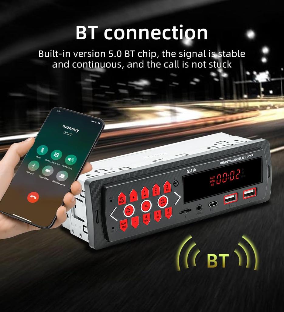 1Din автомобильный стерео 12V автомобильный MP3-плеер Bluetooth FM защита проводки Bluetooth автомобильный радиоприемник, 2USB/AUX/TF/Type-C громкой связи