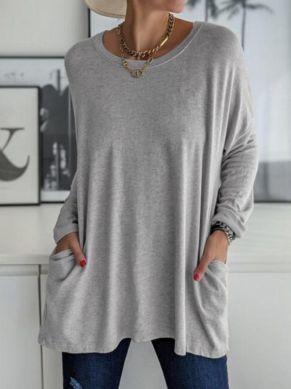 Women's Casual Spring and Summer Pocket Tunic Top O-neck Shirt Long Sleeve Shirt Fashion Large Size Loose Solid Color T-Shirt