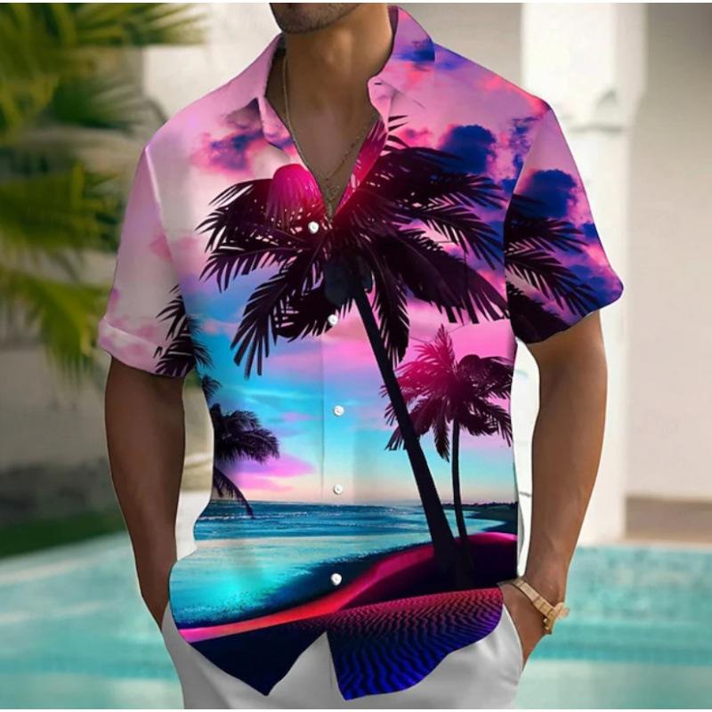 Summer Hawaiian beach vacation style men's short-sleeved shirt beach seaside shirt