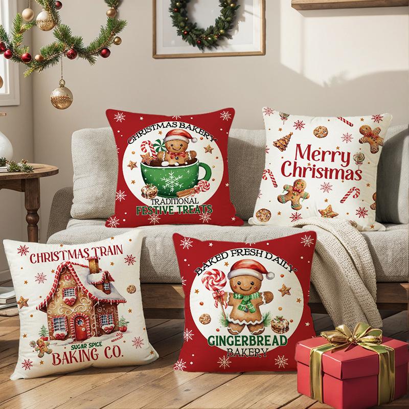 Christmas Pillow Cover Cartoon Gingerbread Doll Printed Linen Sofa Cushion Cover Living Room Bedroom Pillow Cover