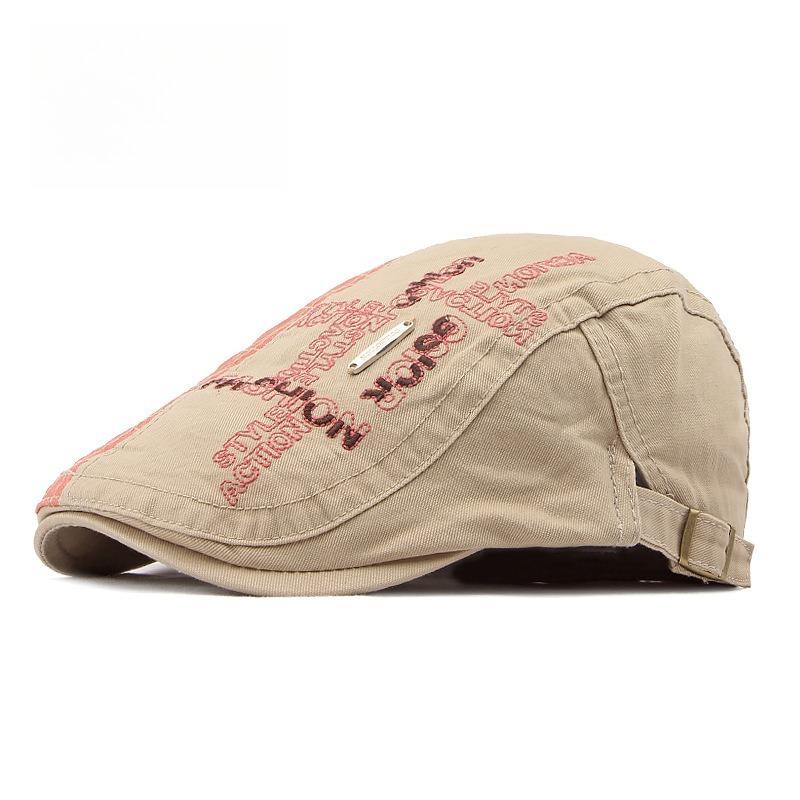 Unisex Washed Cotton Flat Cap Embroidered Letters Ivy Cap Retro Duckbill Hat Metal Plate Gatsby Cabbie Cap Adjustable Side Buckle