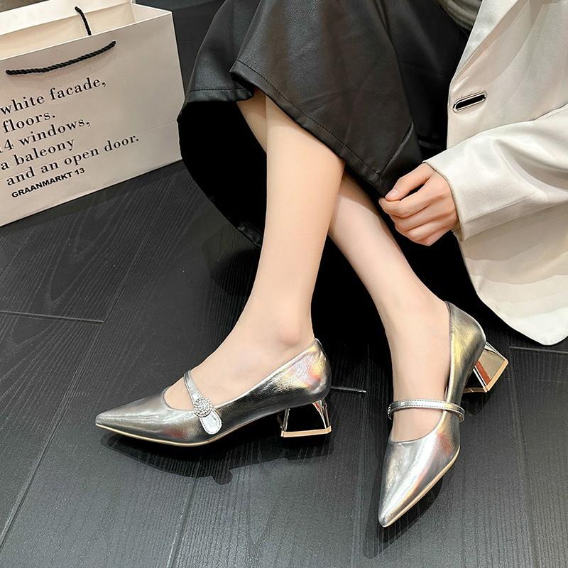 Spring Pointed Silver High-end Single Shoes Medium Heel Mary Jane Shoes Thick Heel High Heels