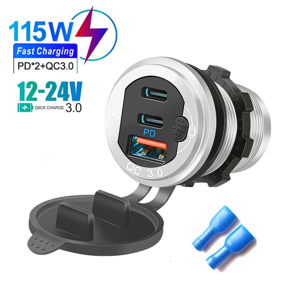 Автомобильное зарядное гнездо PD3.0 и QC3.0 USB Type-C порты водонепроницаемые со светодиодным сенсорным переключателем 115 Вт быстрая зарядка 12 В/24 В для мото адаптера