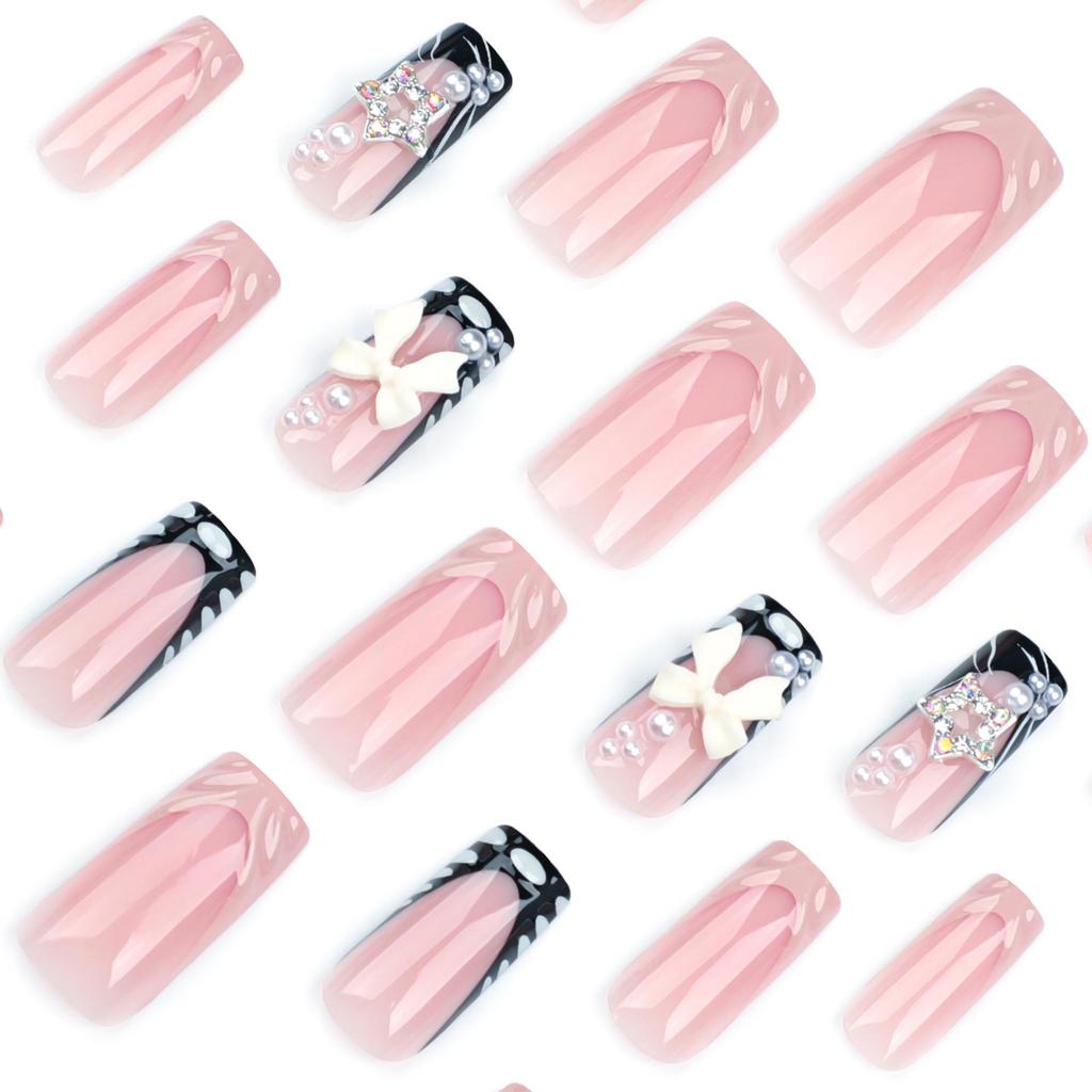 3D French Water Wave Nails with Bow, Pearl, and Star Rhinestone Stickers