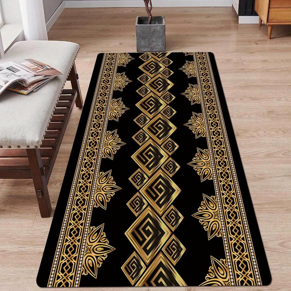 Modern Geometric Printed Runner Rug with Golden Luxury Accents, Soft Polyester Kitchen Hallway Floor Mat