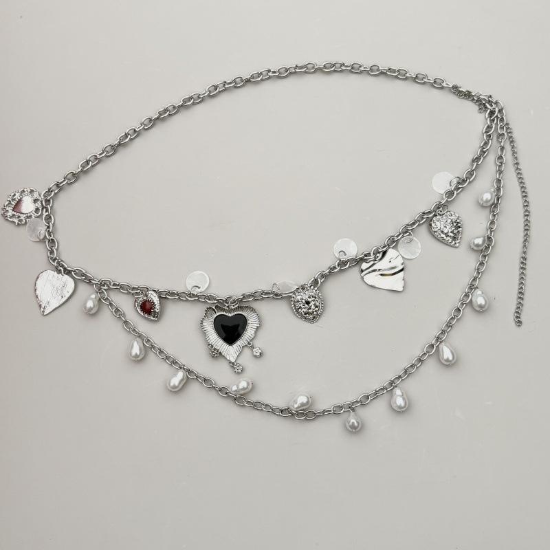 Silver Double Layer Heart Pearl Waist Chain for Women Vintage Metal Belly Chain Adjustable Accessory for Night Party